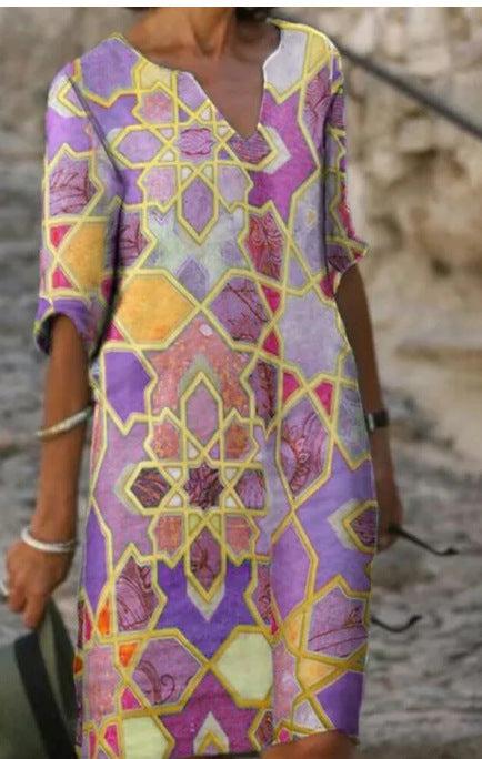 Dresses - Color Matching Printed Patchwork V Neck Long-Sleeved Plus Size Dress Women - Γυναικεία μόδα σε εξαιρετικές τιμές! - Minx.gr🥇