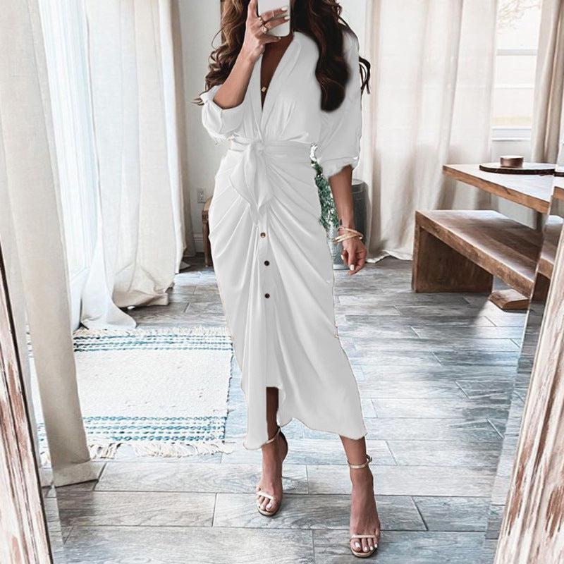 Dresses - European And American Print Long-Sleeved Lace-Up Single-Breasted Shirt Dress - Γυναικεία μόδα σε εξαιρετικές τιμές! - Minx.gr🥇