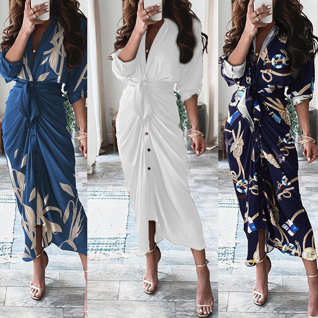 Dresses - European And American Print Long-Sleeved Lace-Up Single-Breasted Shirt Dress - Γυναικεία μόδα σε εξαιρετικές τιμές! - Minx.gr🥇