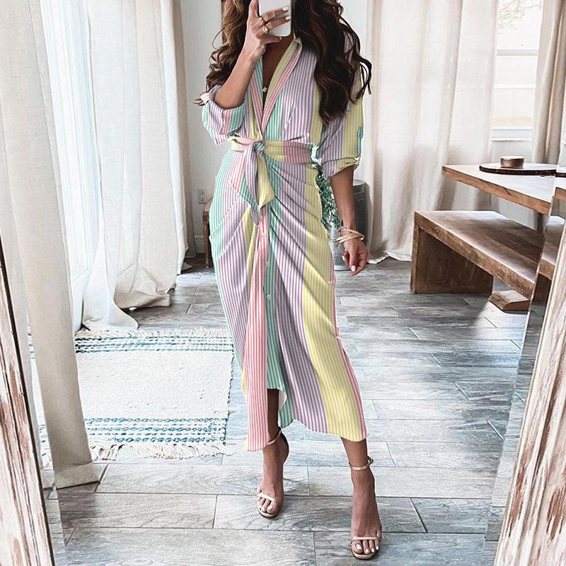 Dresses - European And American Print Long-Sleeved Lace-Up Single-Breasted Shirt Dress - Γυναικεία μόδα σε εξαιρετικές τιμές! - Minx.gr🥇