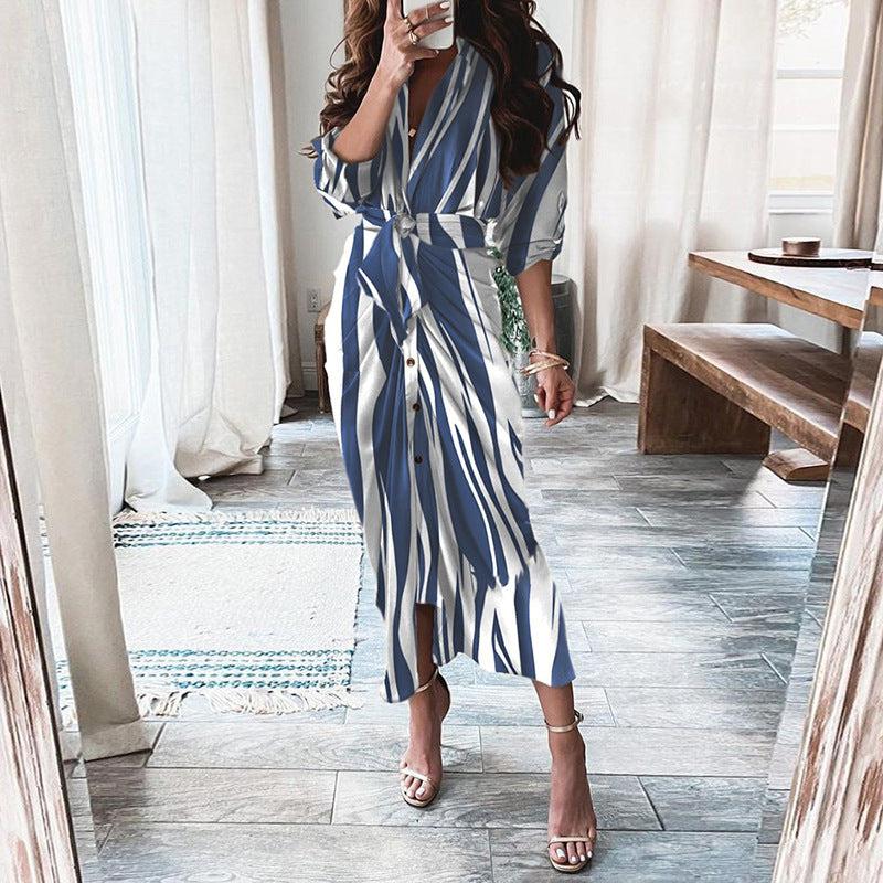 Dresses - European And American Print Long-Sleeved Lace-Up Single-Breasted Shirt Dress - Γυναικεία μόδα σε εξαιρετικές τιμές! - Minx.gr🥇
