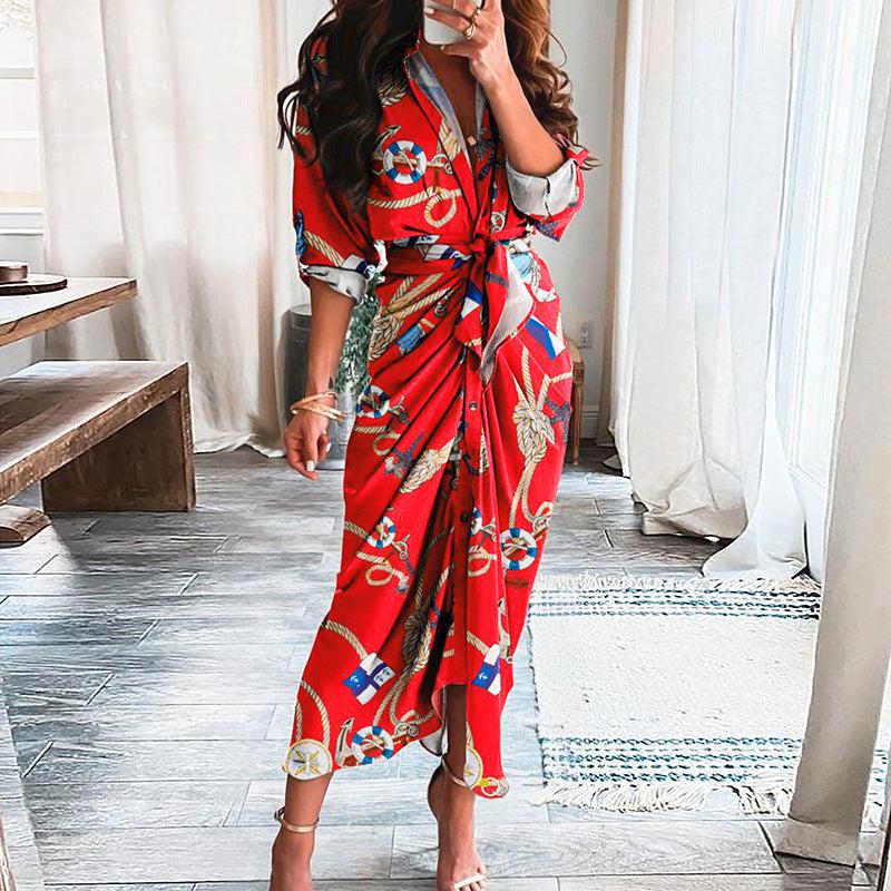 Dresses - European And American Print Long-Sleeved Lace-Up Single-Breasted Shirt Dress - Γυναικεία μόδα σε εξαιρετικές τιμές! - Minx.gr🥇
