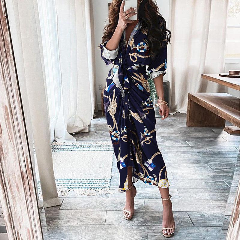 Dresses - European And American Print Long-Sleeved Lace-Up Single-Breasted Shirt Dress - Γυναικεία μόδα σε εξαιρετικές τιμές! - Minx.gr🥇