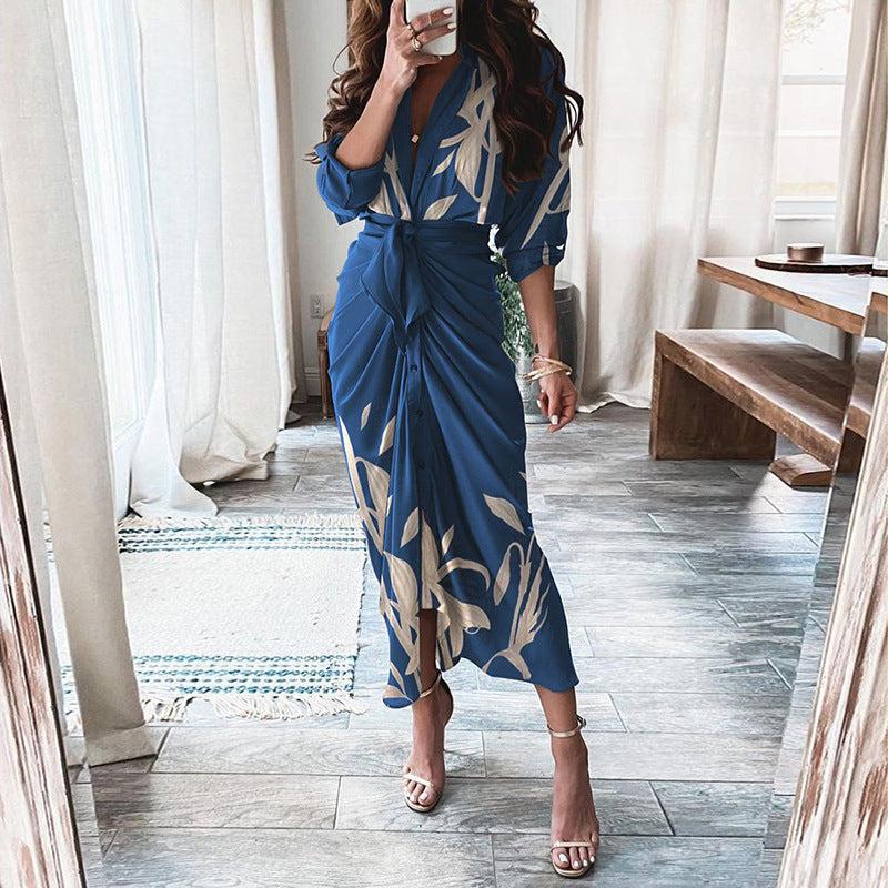 Dresses - European And American Print Long-Sleeved Lace-Up Single-Breasted Shirt Dress - Γυναικεία μόδα σε εξαιρετικές τιμές! - Minx.gr🥇