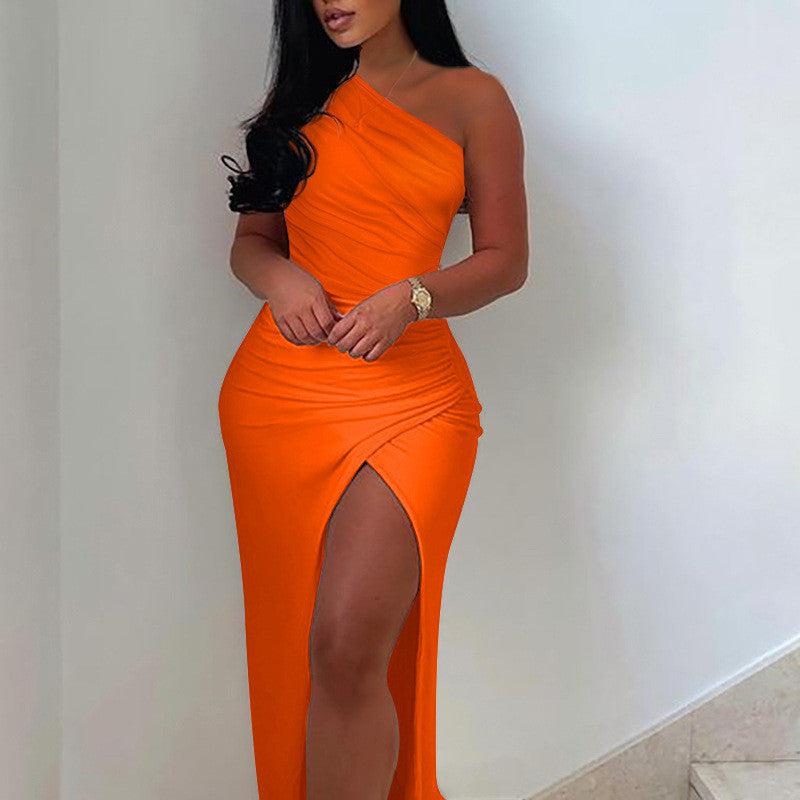 Dresses - Women's Off-shoulder Pleated Slit Solid Color Dress - Γυναικεία μόδα σε εξαιρετικές τιμές! - Minx.gr🥇